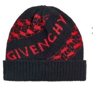 Givenchy Unisex Houndstooth Logo across front Wool Blend Beanie Hat Black & Red